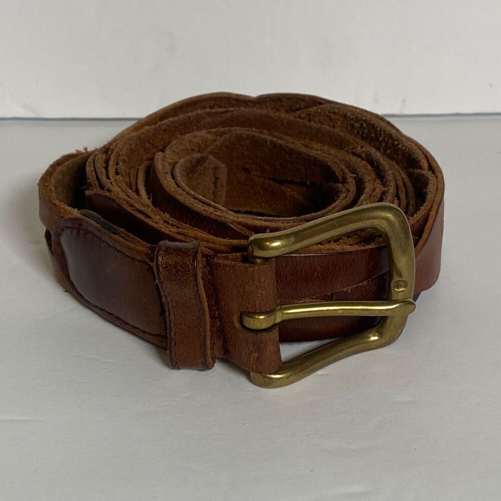 Eddie Bauer Brown Leather Interlocking Belt Solid Brass Buckle Size 42 Vintage